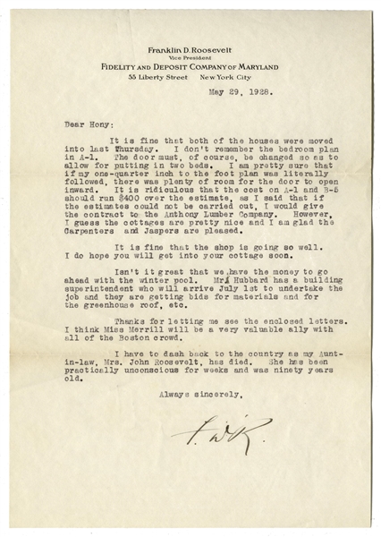 Franklin D. Roosevelt Letter Signed From 1928 Regarding Warm Springs -- ''...Isn't it great that we have the money to go ahead with the winter pool...''